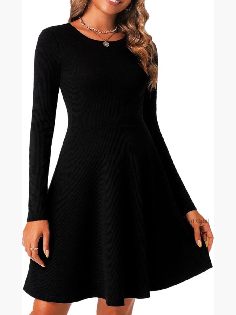 Women's Ribbed Knit Long Sleeve A-Line Flowy Dress Casual Elegant